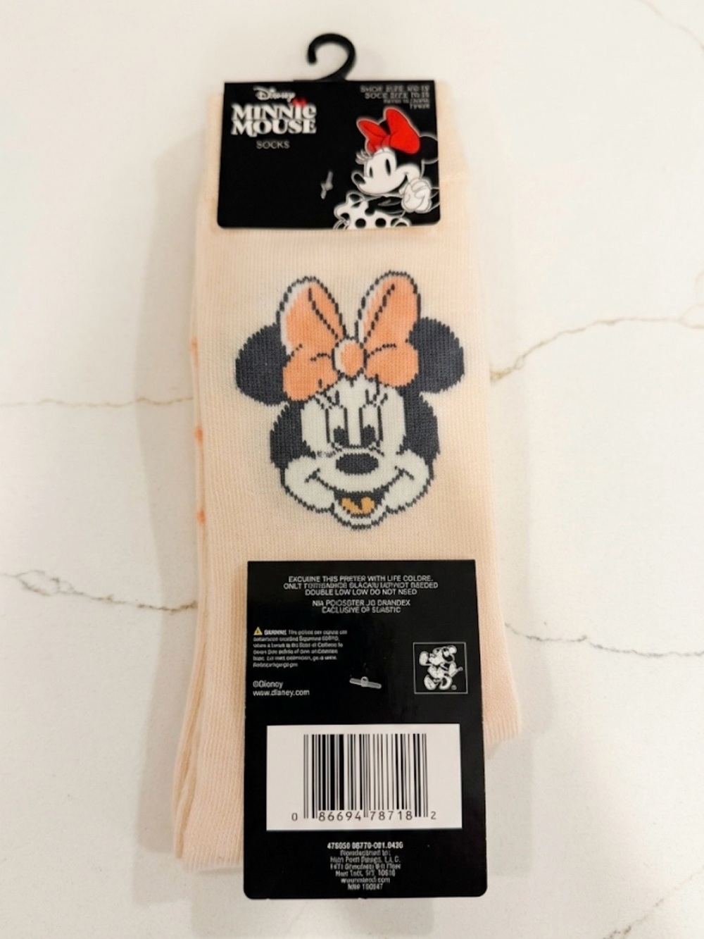 NWT Disney Minnie Mouse Crew Socks Cream Pink Striped Size 10-13 (Shoe 6.5-12)